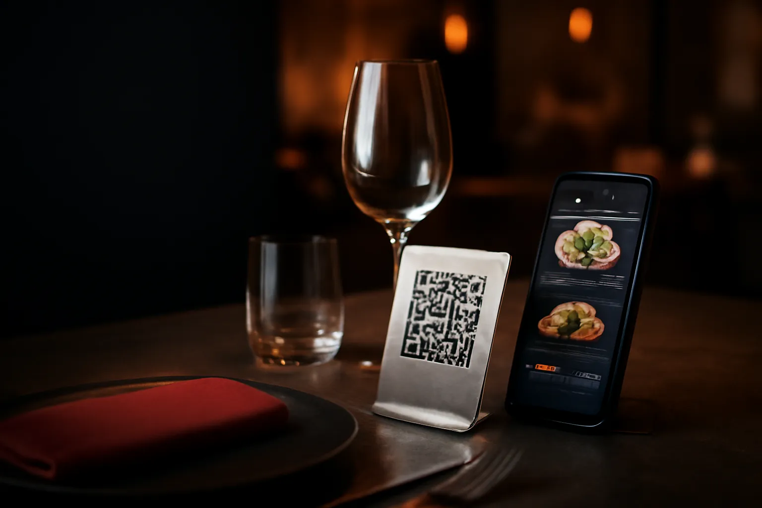 Premium restoran masasında metal QR menü standı ve dijital menü telefonu